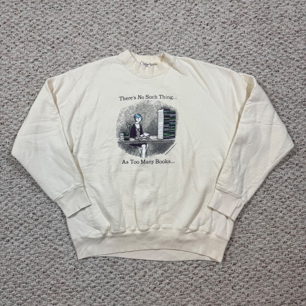 Edward Gorey Too Many Books Sweatshirt XL Fruit of the Loom Cream Vintage Style